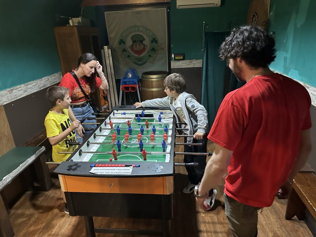 Playing foosball in Italy at the Irish Pub