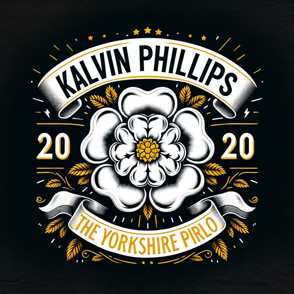 A t-shirt featuring a white Yorkshire Rose with yellow accents, and the words 'Kalvin Phillips' and 'The Yorkshire Pirlo'