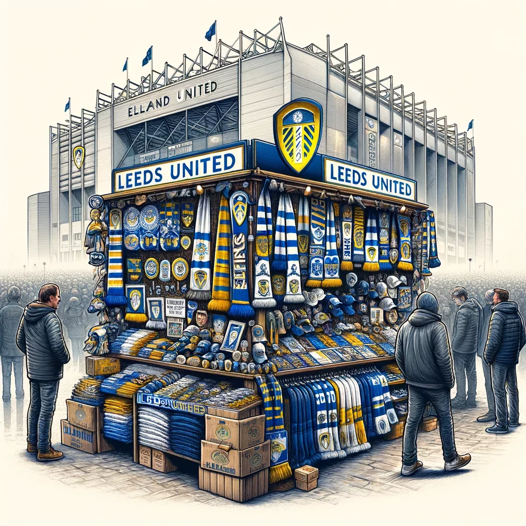 merchandise stand outside Elland Road, the home of Leeds United, surrounded by scarves, badges, hats, and other Leeds United memo