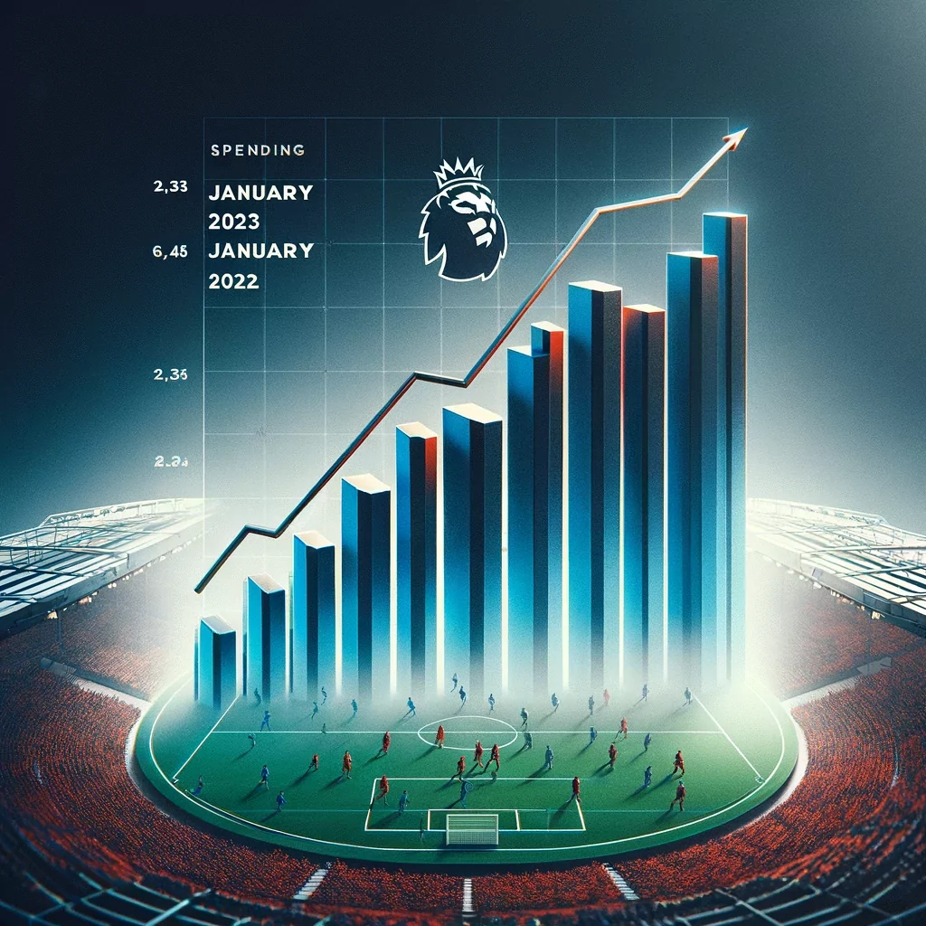 DALL·E 2024-01-25 11.20.03 - Create an image that visualises the contrast in Premier League transfer spending between January 2023 and January 2024. The image should include a g