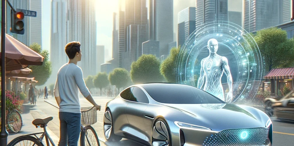 The image has been created to capture the essence of the article, showcasing a man on a bicycle looking in awe at a modern, AI-integrated car passing by.