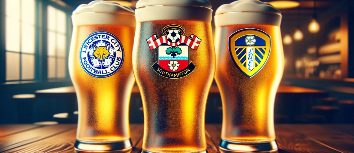 An image featuring three beer glasses side by side on a wooden table. Each glass is filled with golden beer, and the foam tops slightly overflo