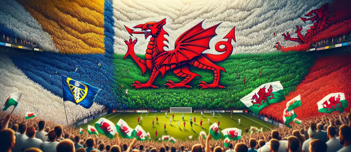 An image that combines the Leeds United and Wales flags, set against a backdrop of subtly blurred football fans