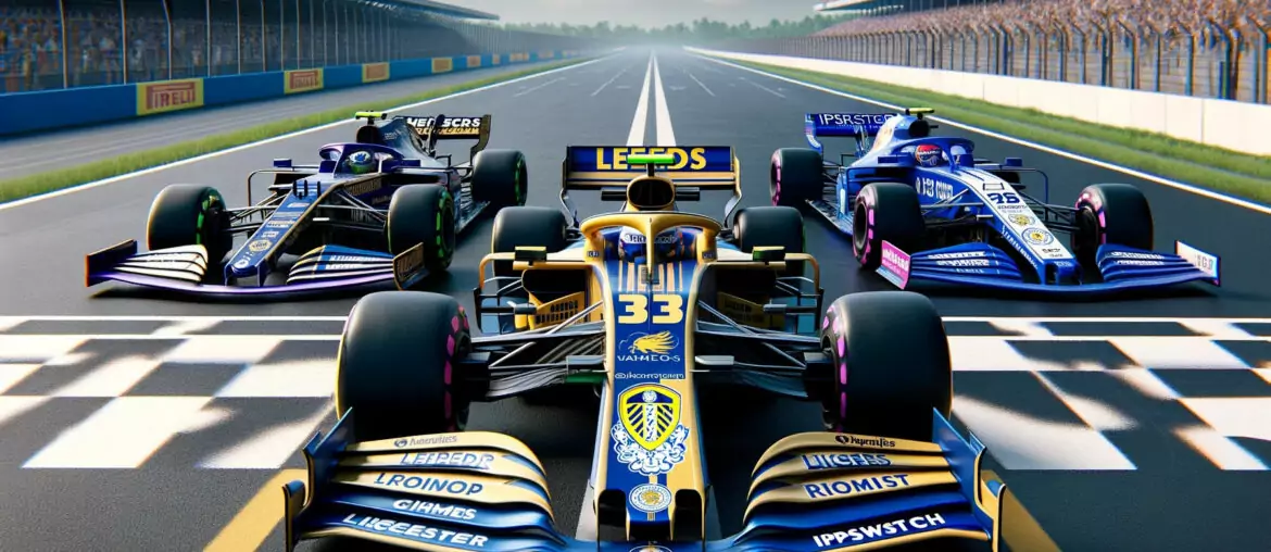 Leeds united branded f1 car on pole position