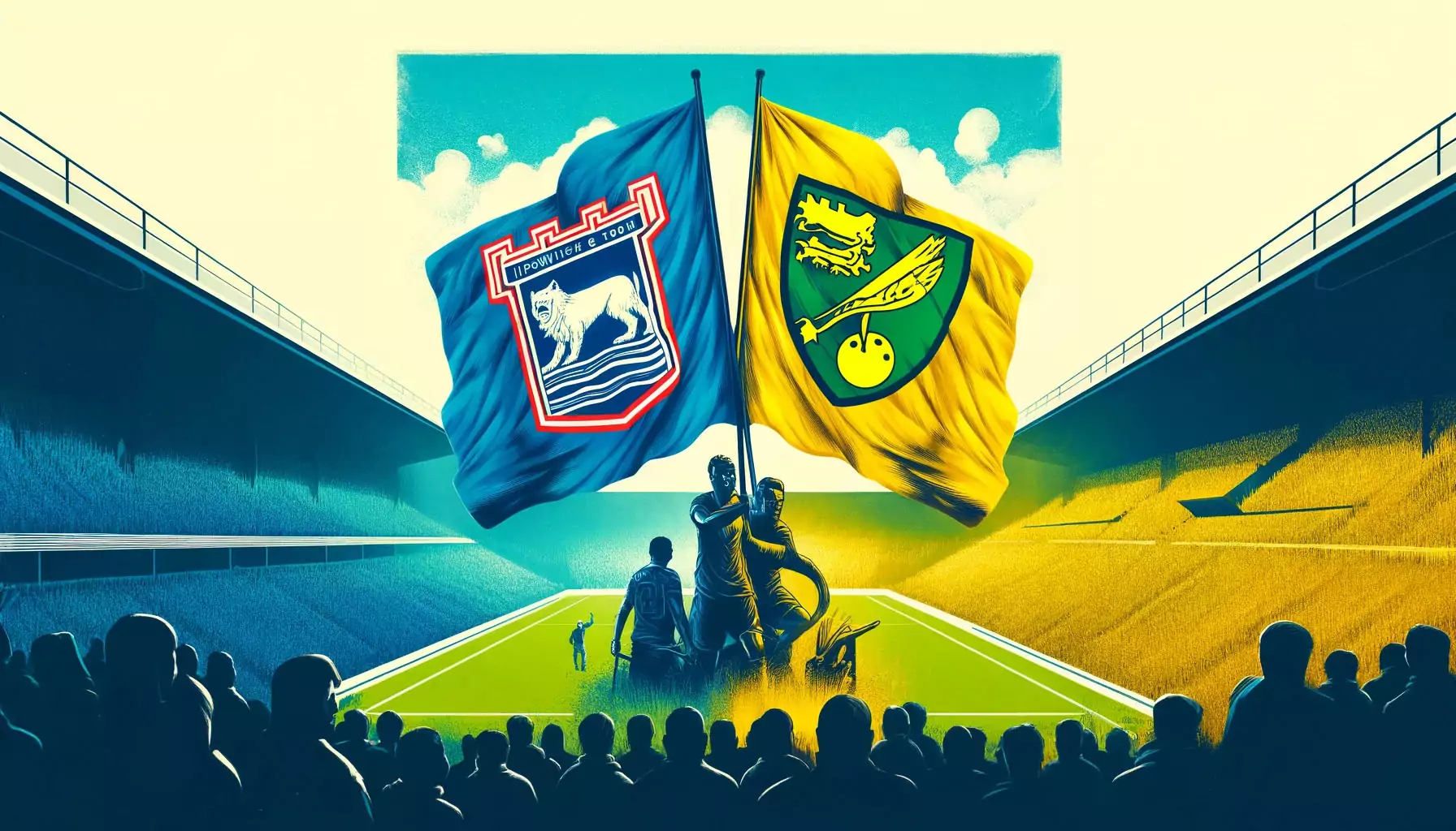 East Anglian derby with the Ipswich Town and Norwich City flags and a backdrop of fans