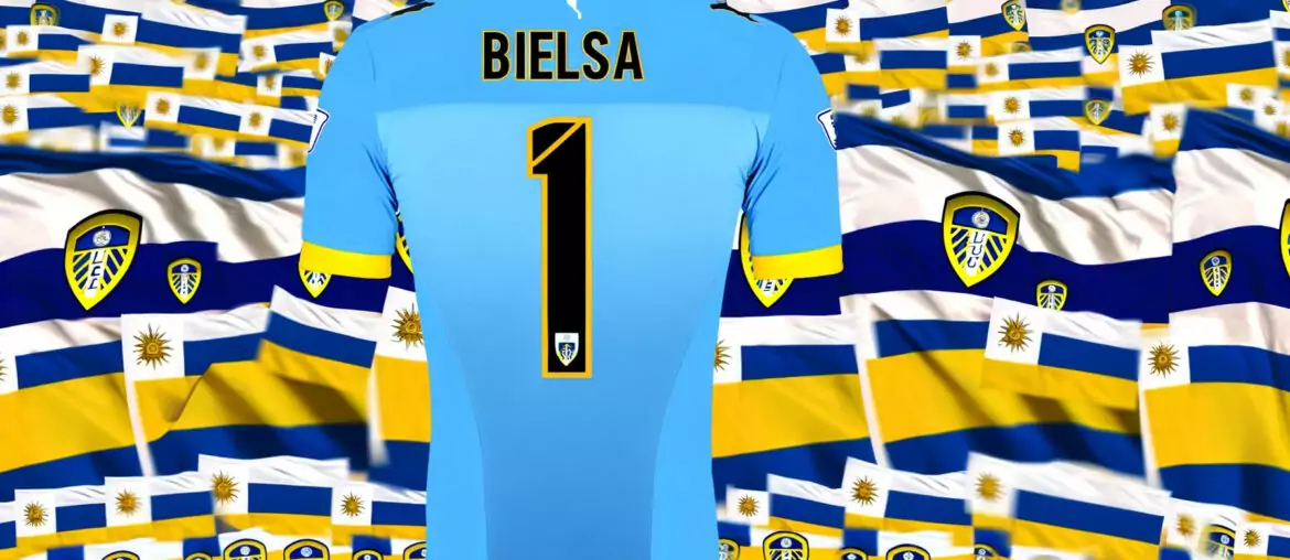 Uruguay shirt with 'Bielsa' is set against a wider backdrop of Leeds United flags