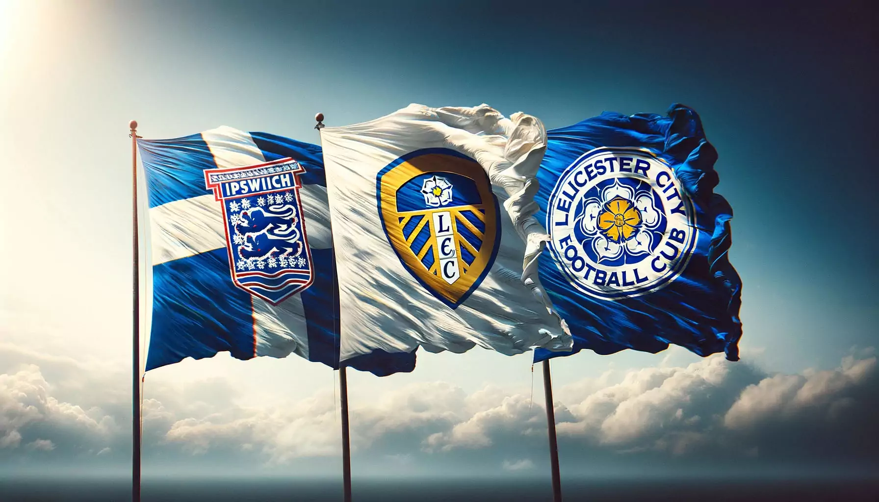 Image showcasing the three distinct football flags for Ipswich, Leeds United, and Leicester City is now ready