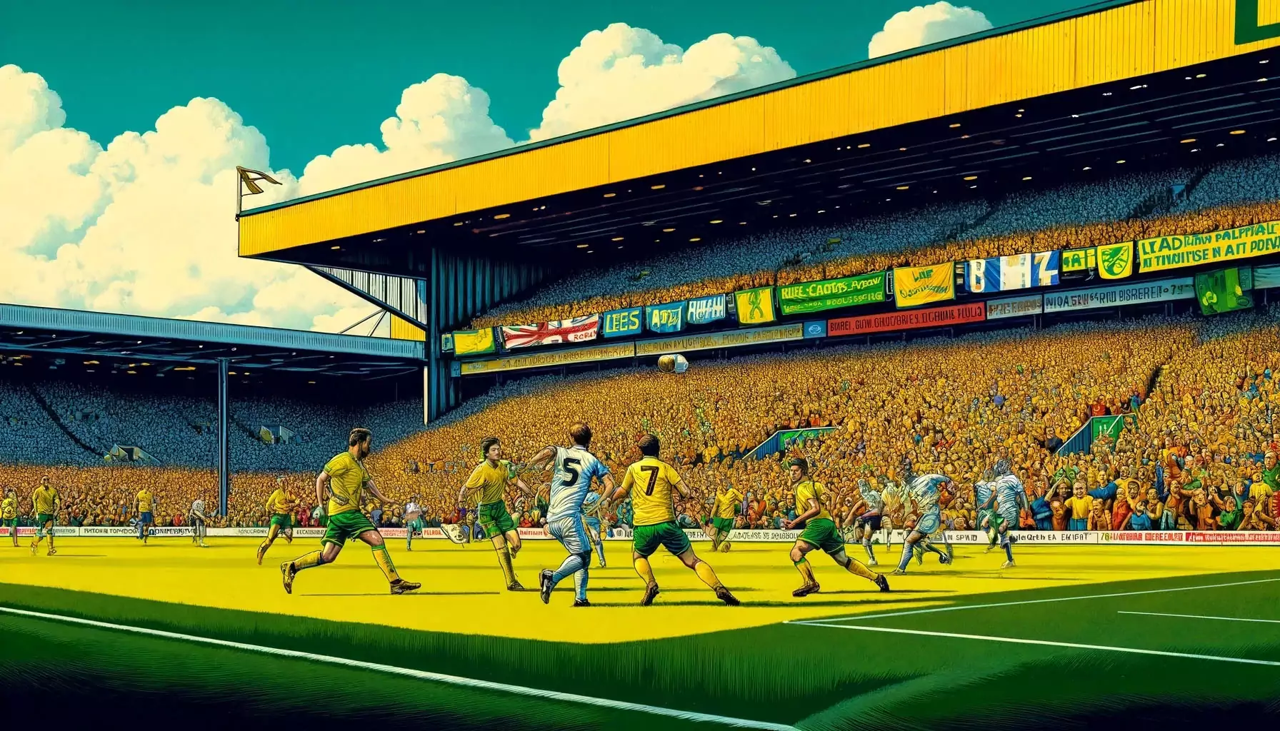 Image of the high-stakes play-off match between Norwich City and Leeds United at Carrow Road, capturing the intensity and excitement of the game.