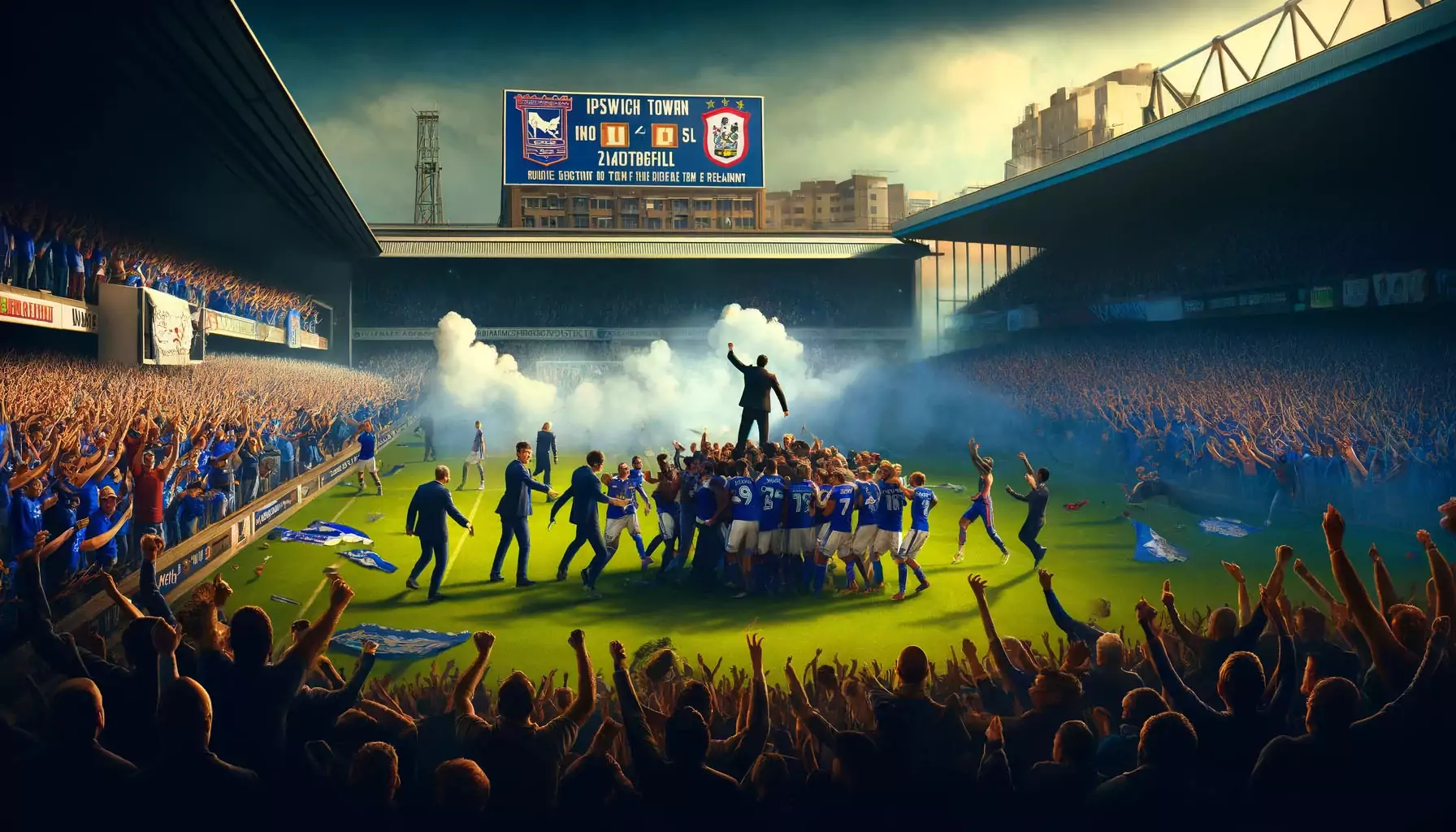 image that illustrates Ipswich Town's triumphant return to the Premier League, capturing the excitement and atmosphere of the historic event.